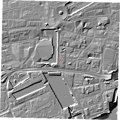 Shaded relief map of the ground around HU12LX, computed from Environment Agency LiDAR. The ground here sits at about 4 m above sea level and falls 8 m across the surrounding 800 m. Surface water reaching this point runs off ground lying to the south-west, 0.9 m higher.