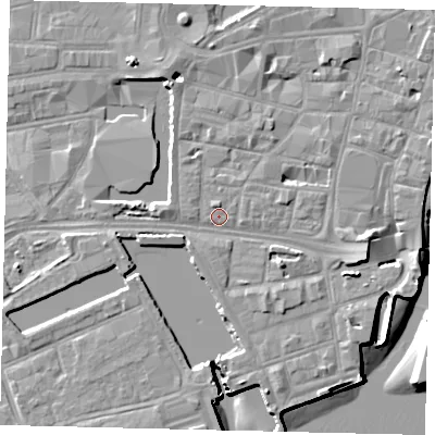 Shaded relief map of the ground around HU12LY, computed from Environment Agency LiDAR. The ground here sits at about 4 m above sea level and falls 8 m across the surrounding 800 m. Surface water reaching this point runs off ground lying to the north, 1.4 m higher.