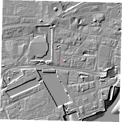 Shaded relief map of the ground around HU12LZ, computed from Environment Agency LiDAR. The ground here sits at about 4 m above sea level and falls 8 m across the surrounding 800 m. Surface water reaching this point runs off ground lying to the east, 1.0 m higher.