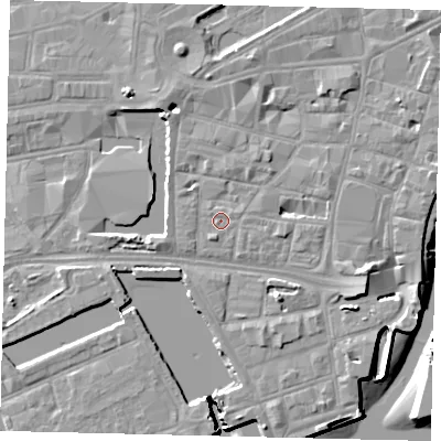 Shaded relief map of the ground around HU12NA, computed from Environment Agency LiDAR. The ground here sits at about 4 m above sea level and falls 8 m across the surrounding 800 m. Surface water reaching this point runs off ground lying to the east-north-east, 0.8 m higher.