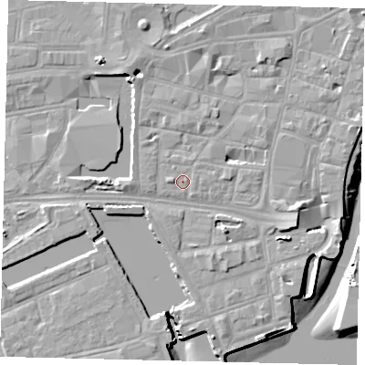 Shaded relief map of the ground around HU12NB, computed from Environment Agency LiDAR. The ground here sits at about 4 m above sea level and falls 9 m across the surrounding 800 m. Surface water reaching this point runs off ground lying to the west, 1.1 m higher.