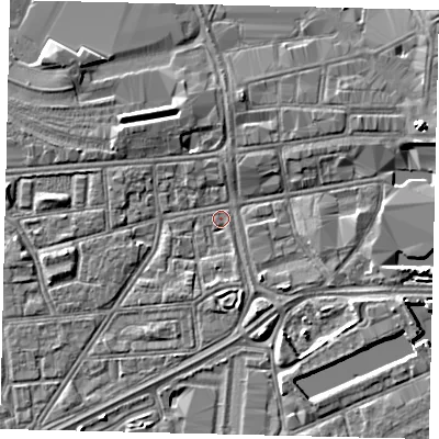 Shaded relief map of the ground around HU12NE, computed from Environment Agency LiDAR. The ground here sits at about 2 m above sea level and falls 5 m across the surrounding 800 m. Surface water reaching this point runs off ground lying to the east-north-east, 4.6 m higher.