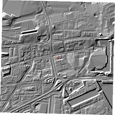 Shaded relief map of the ground around HU12NL, computed from Environment Agency LiDAR. The ground here sits at about 3 m above sea level and falls 5 m across the surrounding 800 m. Surface water reaching this point runs off ground lying to the east-north-east, 4.6 m higher.