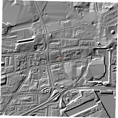 Shaded relief map of the ground around HU12NP, computed from Environment Agency LiDAR. The ground here sits at about 3 m above sea level and falls 5 m across the surrounding 800 m. Surface water reaching this point runs off ground lying to the east-north-east, 4.6 m higher.