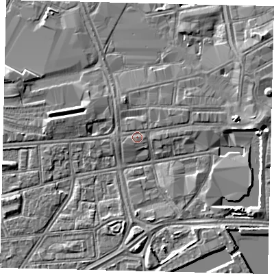 Shaded relief map of the ground around HU12NR, computed from Environment Agency LiDAR. The ground here sits at about 3 m above sea level and falls 5 m across the surrounding 800 m. The ground contributing surface water to this point lies to the east-north-east.