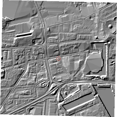 Shaded relief map of the ground around HU12NW, computed from Environment Agency LiDAR. The ground here sits at about 2 m above sea level and falls 5 m across the surrounding 800 m. Surface water reaching this point runs off ground lying to the east-north-east, 4.3 m higher.