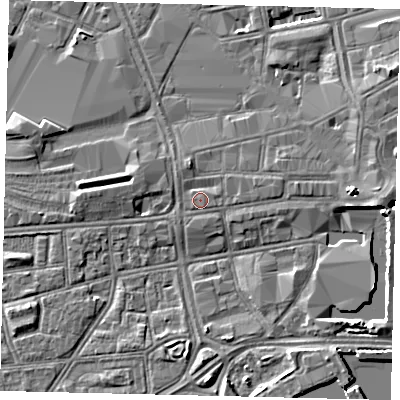 Shaded relief map of the ground around HU12PA, computed from Environment Agency LiDAR. The ground here sits at about 3 m above sea level and falls 5 m across the surrounding 800 m. The ground contributing surface water to this point lies to the east.