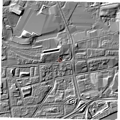 Shaded relief map of the ground around HU12PD, computed from Environment Agency LiDAR. The ground here sits at about 3 m above sea level and falls 4 m across the surrounding 800 m. Surface water reaching this point runs off ground lying to the north, 2.2 m higher.