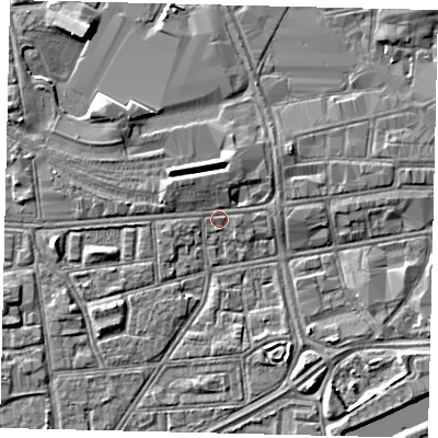 Shaded relief map of the ground around HU12PG, computed from Environment Agency LiDAR. The ground here sits at about 3 m above sea level and falls 4 m across the surrounding 800 m. Surface water reaching this point runs off ground lying to the west-south-west, 1.0 m higher.