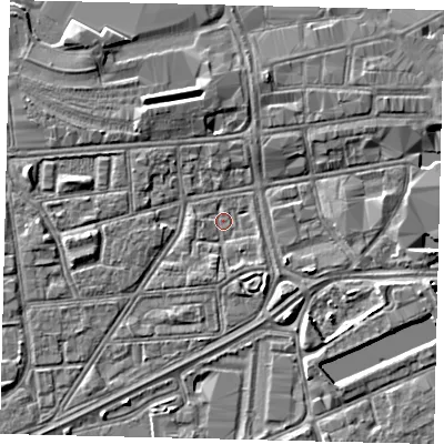 Shaded relief map of the ground around HU12PH, computed from Environment Agency LiDAR. The ground here sits at about 2 m above sea level and falls 4 m across the surrounding 800 m. Surface water reaching this point runs off ground lying to the east-south-east, 3.4 m higher.