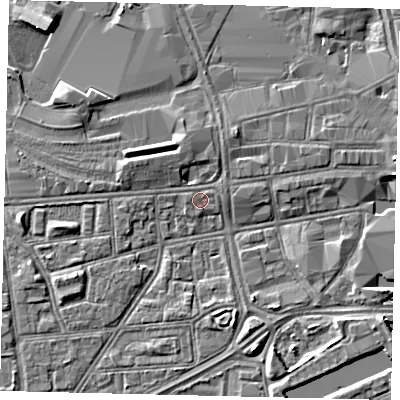 Shaded relief map of the ground around HU12PJ, computed from Environment Agency LiDAR. The ground here sits at about 3 m above sea level and falls 4 m across the surrounding 800 m. Surface water reaching this point runs off ground lying to the east-north-east, 1.3 m higher.