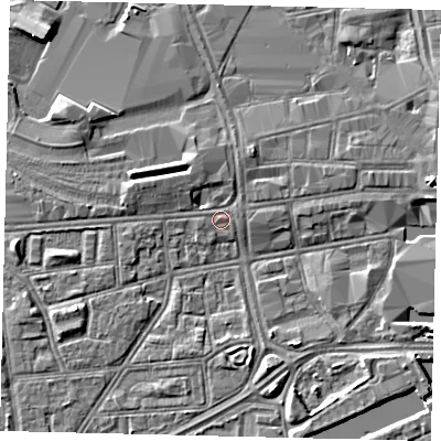 Shaded relief map of the ground around HU12PL, computed from Environment Agency LiDAR. The ground here sits at about 3 m above sea level and falls 5 m across the surrounding 800 m. Surface water reaching this point runs off ground lying to the north-north-east, 1.0 m higher.