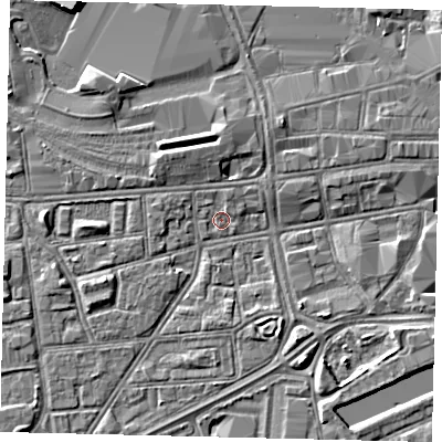 Shaded relief map of the ground around HU12PP, computed from Environment Agency LiDAR. The ground here sits at about 2 m above sea level and falls 4 m across the surrounding 800 m. Surface water reaching this point runs off ground lying to the west-north-west, 1.2 m higher.