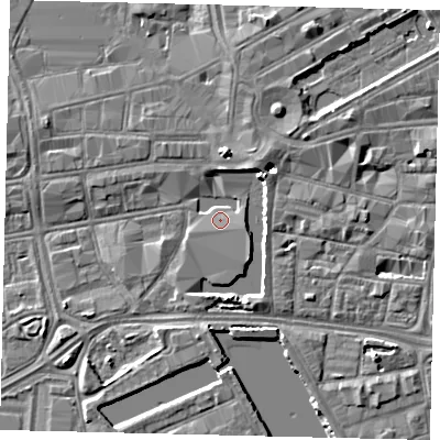 Shaded relief map of the ground around HU12PQ, computed from Environment Agency LiDAR. The ground here sits at about 3 m above sea level and falls 5 m across the surrounding 800 m. Surface water reaching this point runs off ground lying to the north-east, 3.4 m higher.