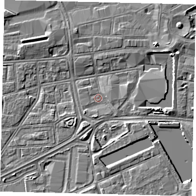 Shaded relief map of the ground around HU12PS, computed from Environment Agency LiDAR. The ground here sits at about 3 m above sea level and falls 5 m across the surrounding 800 m. Surface water reaching this point runs off ground lying to the east, 3.3 m higher.