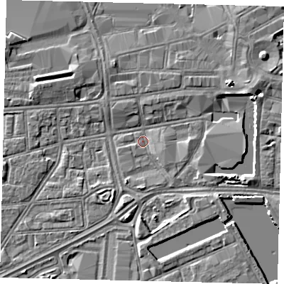 Shaded relief map of the ground around HU12PU, computed from Environment Agency LiDAR. The ground here sits at about 2 m above sea level and falls 5 m across the surrounding 800 m. Surface water reaching this point runs off ground lying to the east-north-east, 3.8 m higher.