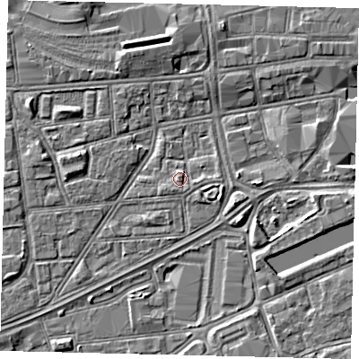Shaded relief map of the ground around HU12QH, computed from Environment Agency LiDAR. The ground here sits at about 3 m above sea level and falls 4 m across the surrounding 800 m. Surface water reaching this point runs off ground lying to the south-west, 0.9 m higher.