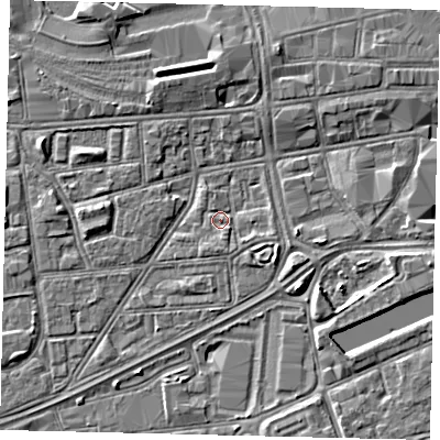 Shaded relief map of the ground around HU12QJ, computed from Environment Agency LiDAR. The ground here sits at about 3 m above sea level and falls 3 m across the surrounding 800 m. Surface water reaching this point runs off ground lying to the east-south-east, 3.4 m higher.