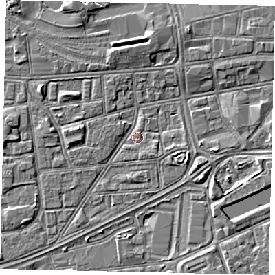 Shaded relief map of the ground around HU12QL, computed from Environment Agency LiDAR. The ground here sits at about 3 m above sea level and falls 3 m across the surrounding 800 m. Surface water reaching this point runs off ground lying to the east-south-east, 3.4 m higher.