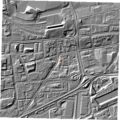 Shaded relief map of the ground around HU12QN, computed from Environment Agency LiDAR. The ground here sits at about 3 m above sea level and falls 4 m across the surrounding 800 m. Surface water reaching this point runs off ground lying to the east-south-east, 3.4 m higher.