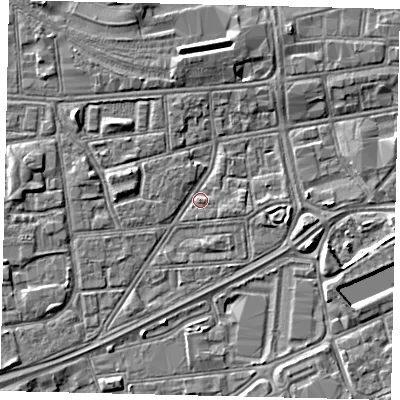 Shaded relief map of the ground around HU12QW, computed from Environment Agency LiDAR. The ground here sits at about 3 m above sea level and falls 3 m across the surrounding 800 m. Surface water reaching this point runs off ground lying to the east-south-east, 2.4 m higher.