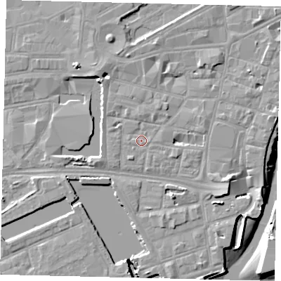 Shaded relief map of the ground around HU12QX, computed from Environment Agency LiDAR. The ground here sits at about 4 m above sea level and falls 9 m across the surrounding 800 m. Surface water reaching this point runs off ground lying to the west, 0.8 m higher.