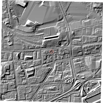 Shaded relief map of the ground around HU12RA, computed from Environment Agency LiDAR. The ground here sits at about 3 m above sea level and falls 4 m across the surrounding 800 m. Surface water reaching this point runs off ground lying to the west, 1.0 m higher.