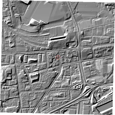 Shaded relief map of the ground around HU12RB, computed from Environment Agency LiDAR. The ground here sits at about 3 m above sea level and falls 4 m across the surrounding 800 m. Surface water reaching this point runs off ground lying to the south-west, 0.8 m higher.