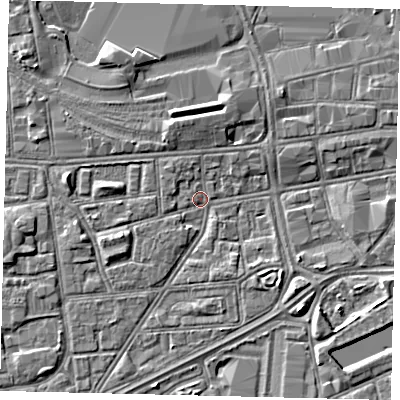Shaded relief map of the ground around HU12RD, computed from Environment Agency LiDAR. The ground here sits at about 2 m above sea level and falls 4 m across the surrounding 800 m. Surface water reaching this point runs off ground lying to the south-west, 0.9 m higher.
