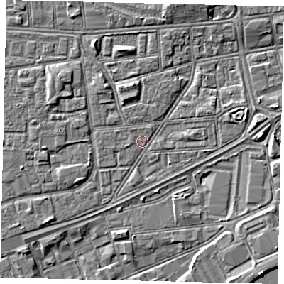 Shaded relief map of the ground around HU12RF, computed from Environment Agency LiDAR. The ground here sits at about 3 m above sea level and falls 4 m across the surrounding 800 m. Surface water reaching this point runs off ground lying to the east, 1.0 m higher.