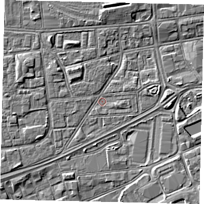 Shaded relief map of the ground around HU12RG, computed from Environment Agency LiDAR. The ground here sits at about 3 m above sea level and falls 4 m across the surrounding 800 m. Surface water reaching this point runs off ground lying to the east-south-east, 1.0 m higher.
