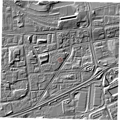 Shaded relief map of the ground around HU12RH, computed from Environment Agency LiDAR. The ground here sits at about 3 m above sea level and falls 3 m across the surrounding 800 m. The ground contributing surface water to this point lies to the west.
