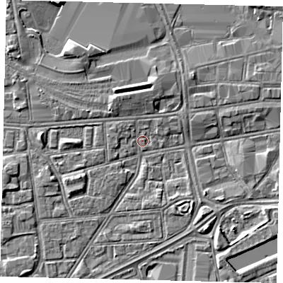 Shaded relief map of the ground around HU12RJ, computed from Environment Agency LiDAR. The ground here sits at about 2 m above sea level and falls 4 m across the surrounding 800 m. Surface water reaching this point runs off ground lying to the south-west, 0.9 m higher.