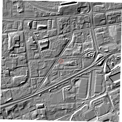 Shaded relief map of the ground around HU12RQ, computed from Environment Agency LiDAR. The ground here sits at about 3 m above sea level and falls 4 m across the surrounding 800 m. Surface water reaching this point runs off ground lying to the east-south-east, 1.0 m higher.