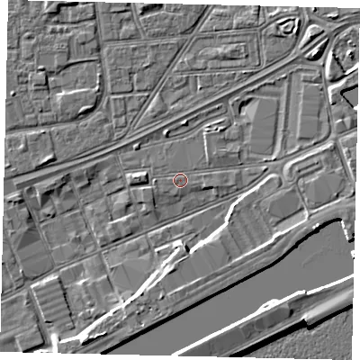 Shaded relief map of the ground around HU12RZ, computed from Environment Agency LiDAR. The ground here sits at about 3 m above sea level and falls 9 m across the surrounding 800 m. Surface water reaching this point runs off ground lying to the east, 2.3 m higher.
