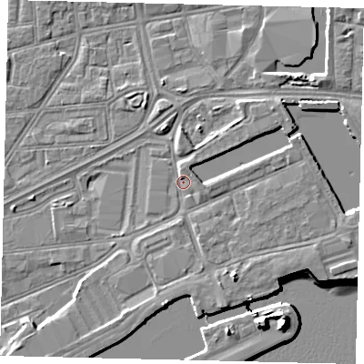 Shaded relief map of the ground around HU12SA, computed from Environment Agency LiDAR. The ground here sits at about 4 m above sea level and falls 15 m across the surrounding 800 m. Surface water reaching this point runs off ground lying to the south-south-east, 3.2 m higher.