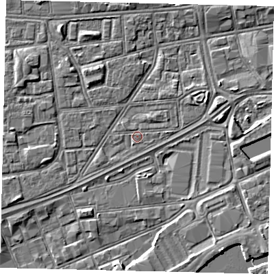 Shaded relief map of the ground around HU12SP, computed from Environment Agency LiDAR. The ground here sits at about 3 m above sea level and falls 5 m across the surrounding 800 m. Surface water reaching this point runs off ground lying to the east, 0.8 m higher.