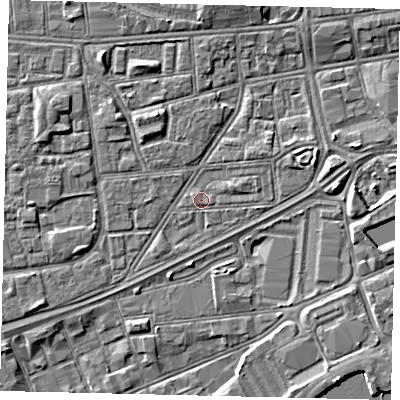 Shaded relief map of the ground around HU12SR, computed from Environment Agency LiDAR. The ground here sits at about 3 m above sea level and falls 4 m across the surrounding 800 m. Surface water reaching this point runs off ground lying to the east-north-east, 1.0 m higher.