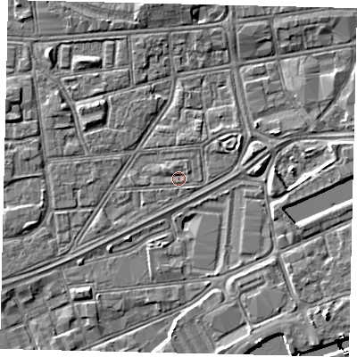Shaded relief map of the ground around HU12SS, computed from Environment Agency LiDAR. The ground here sits at about 3 m above sea level and falls 8 m across the surrounding 800 m. Surface water reaching this point runs off ground lying to the north-west, 0.7 m higher.