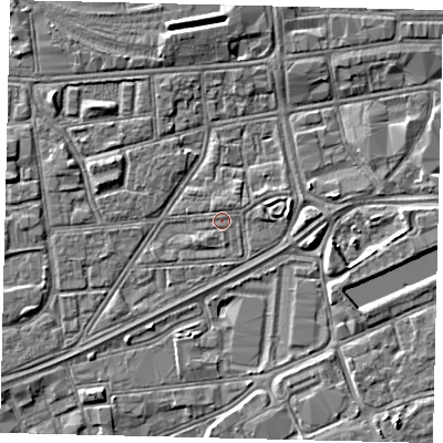 Shaded relief map of the ground around HU12ST, computed from Environment Agency LiDAR. The ground here sits at about 3 m above sea level and falls 5 m across the surrounding 800 m. Surface water reaching this point runs off ground lying to the north-north-east, 0.8 m higher.