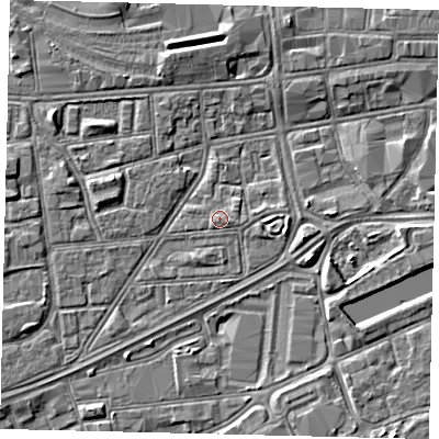 Shaded relief map of the ground around HU12SX, computed from Environment Agency LiDAR. The ground here sits at about 3 m above sea level and falls 5 m across the surrounding 800 m. Surface water reaching this point runs off ground lying to the east-south-east, 0.8 m higher.
