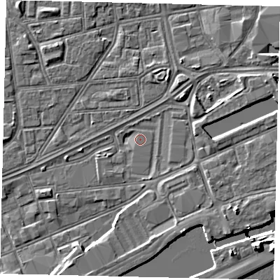 Shaded relief map of the ground around HU12TR, computed from Environment Agency LiDAR. The ground here sits at about 3 m above sea level and falls 14 m across the surrounding 800 m. Surface water reaching this point runs off ground lying to the south, 1.7 m higher.