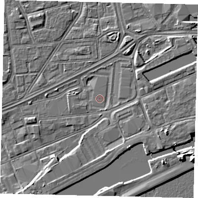Shaded relief map of the ground around HU12TX, computed from Environment Agency LiDAR. The ground here sits at about 3 m above sea level and falls 15 m across the surrounding 800 m. The ground contributing surface water to this point lies to the east-south-east.