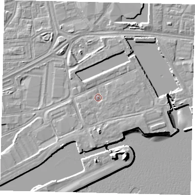 Shaded relief map of the ground around HU12TY, computed from Environment Agency LiDAR. The ground here sits at about 4 m above sea level and falls 15 m across the surrounding 800 m. Surface water reaching this point runs off ground lying to the south, 2.6 m higher.