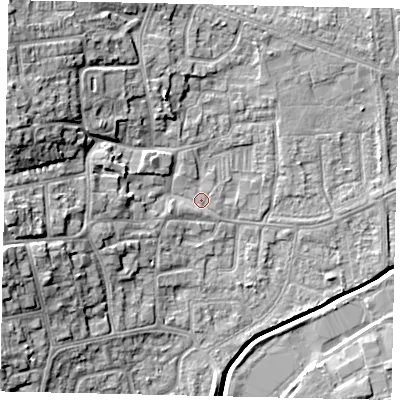 Shaded relief map of the ground around HU130AE, computed from Environment Agency LiDAR. The ground here sits at about 4 m above sea level and falls 15 m across the surrounding 800 m. Surface water reaching this point runs off ground lying to the west, 10.8 m higher.
