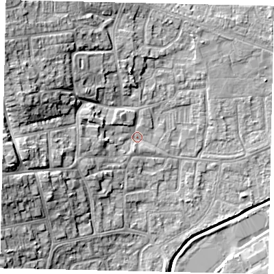Shaded relief map of the ground around HU130AF, computed from Environment Agency LiDAR. The ground here sits at about 4 m above sea level and falls 16 m across the surrounding 800 m. Surface water reaching this point runs off ground lying to the west, 12.8 m higher.