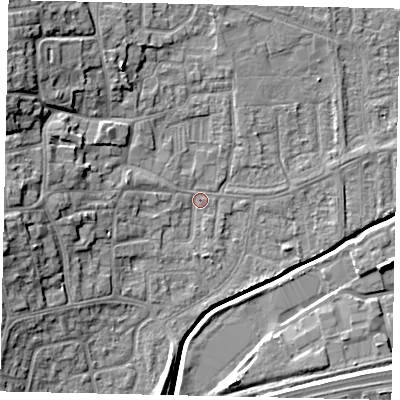 Shaded relief map of the ground around HU130AH, computed from Environment Agency LiDAR. The ground here sits at about 4 m above sea level and falls 13 m across the surrounding 800 m. Surface water reaching this point runs off ground lying to the west, 8.2 m higher.
