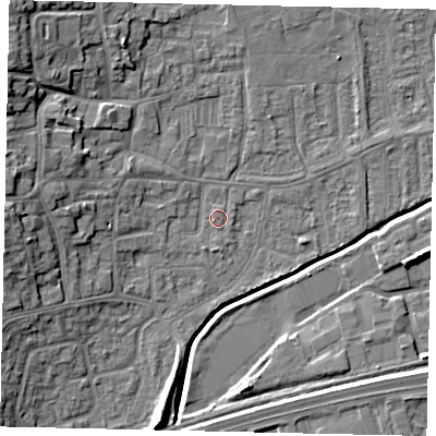 Shaded relief map of the ground around HU130AL, computed from Environment Agency LiDAR. The ground here sits at about 4 m above sea level and falls 12 m across the surrounding 800 m. Surface water reaching this point runs off ground lying to the west-south-west, 1.2 m higher.