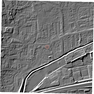 Shaded relief map of the ground around HU130AN, computed from Environment Agency LiDAR. The ground here sits at about 4 m above sea level and falls 8 m across the surrounding 800 m. Surface water reaching this point runs off ground lying to the west, 0.8 m higher.