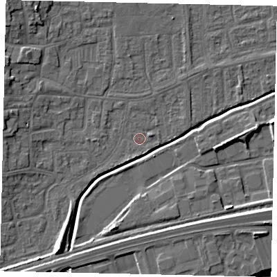 Shaded relief map of the ground around HU130AU, computed from Environment Agency LiDAR. The ground here sits at about 3 m above sea level and falls 11 m across the surrounding 800 m. Surface water reaching this point runs off ground lying to the south-west, 8.0 m higher.